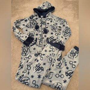 Harry Potter Women’s Large Fleece Plush One-Piece Pajama Wizard Print Hooded